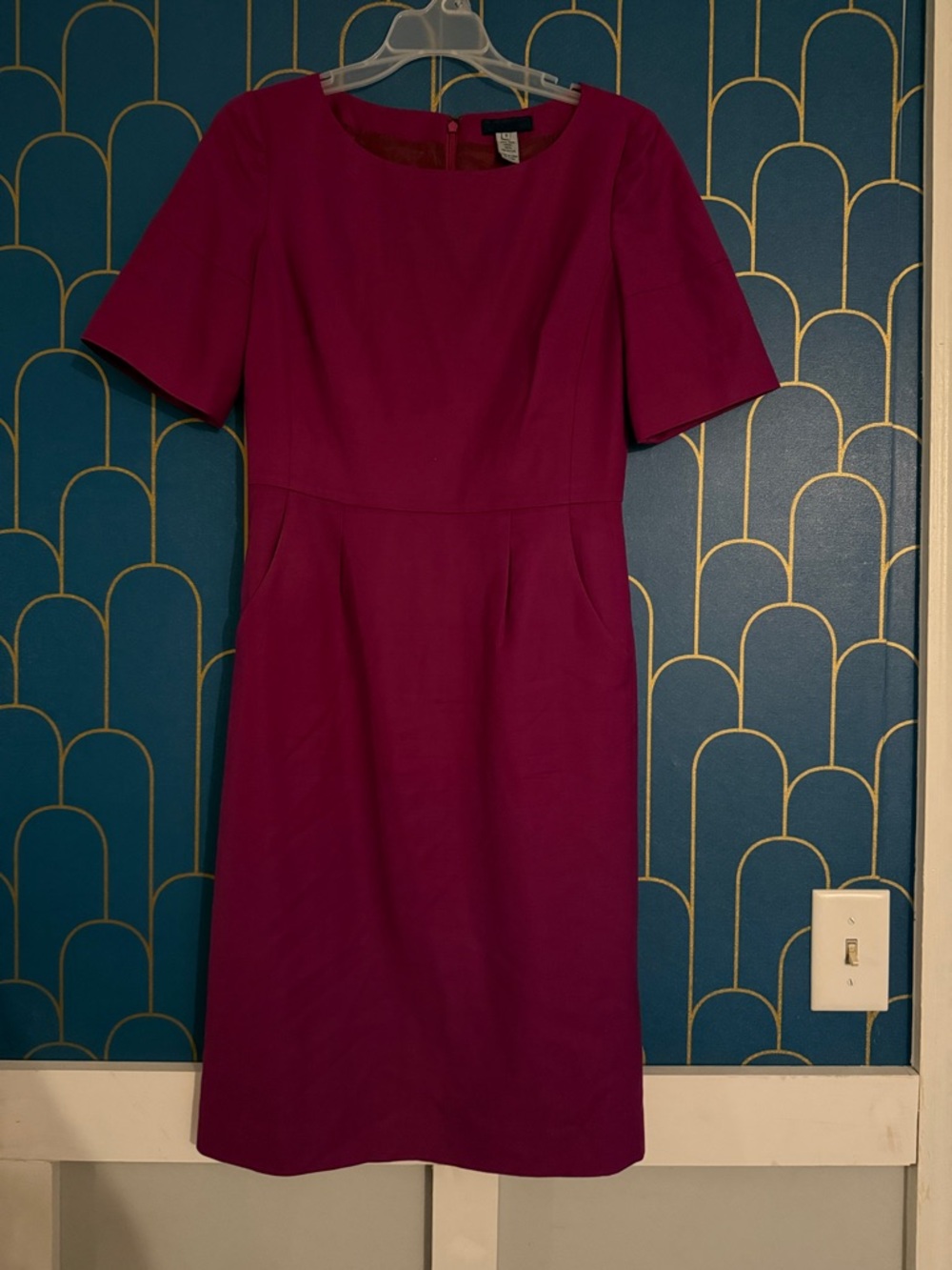 J. Crew Magenta Short-Sleeve Sheath Midi Dress WITH POCKETS